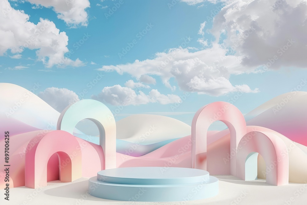 Poster An arrangement of pastel archways and steps set against a whimsical fantasy landscape with rolling dunes and a clear sky, creating a sense of whimsy and imagination.
