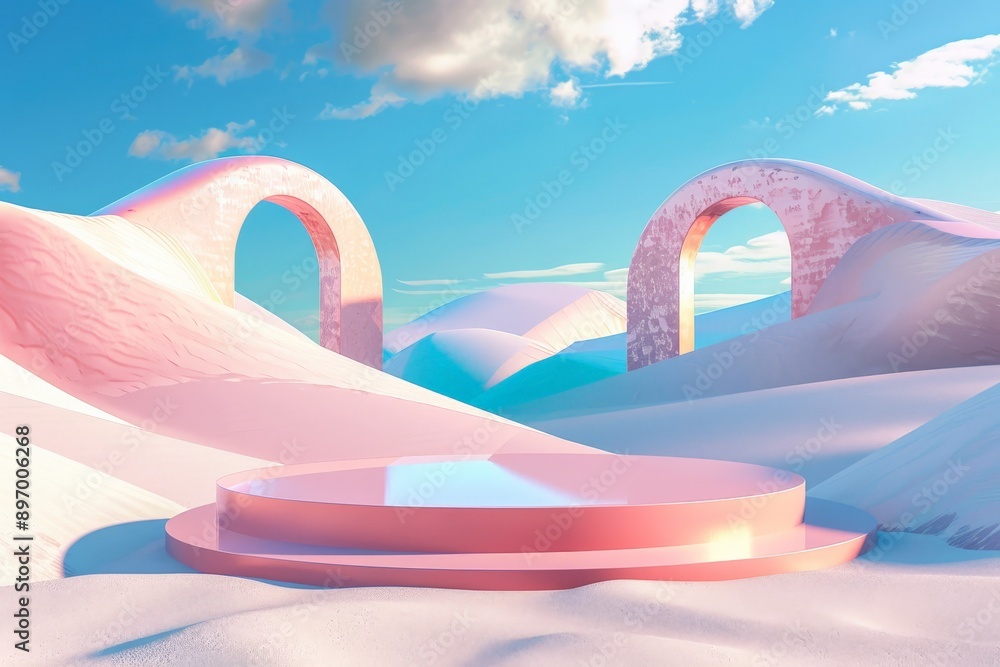 Poster Image showing surreal pink arches and platforms in a desert landscape under a bright blue sky with clouds, creating a dreamlike and futuristic abstract scene.