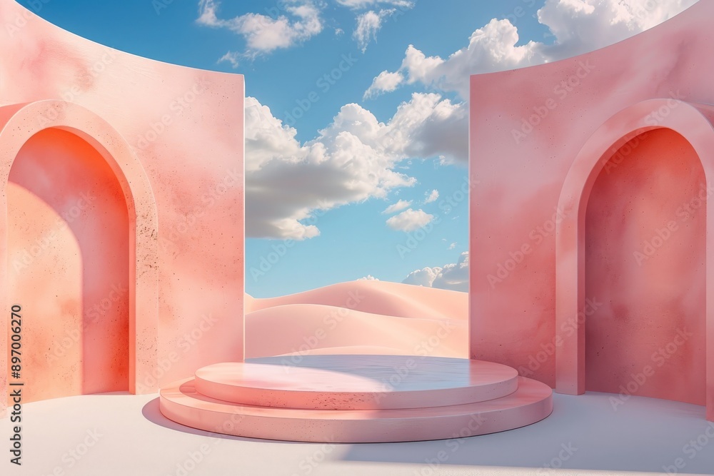 Poster photo featuring two pink arches on a raised circular stage, located in a desert-like environment, cr