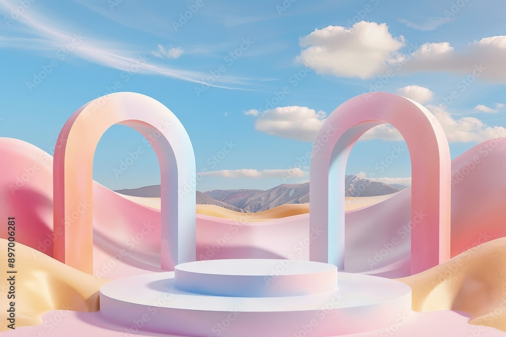Poster image shows two pastel-colored arches on a circular platform in a desert-like landscape, with sand d