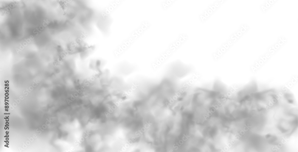 Poster grey smoke puff, white background and studio with no people with fog in the air. for used on light b