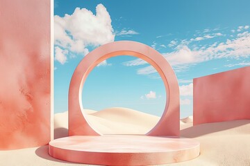 A solitary pink arch standing in a minimalistic, surreal landscape with pastel hues and open skies, representing tranquility and dreamlike serenity, stirring imagination.