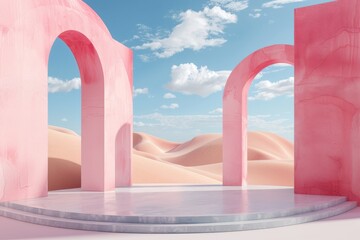 Fototapeta premium Image of surreal pink arches placed in a bright desert setting, with a clear blue sky and white clouds, giving the scene a futuristic, dreamlike, and abstract feel.