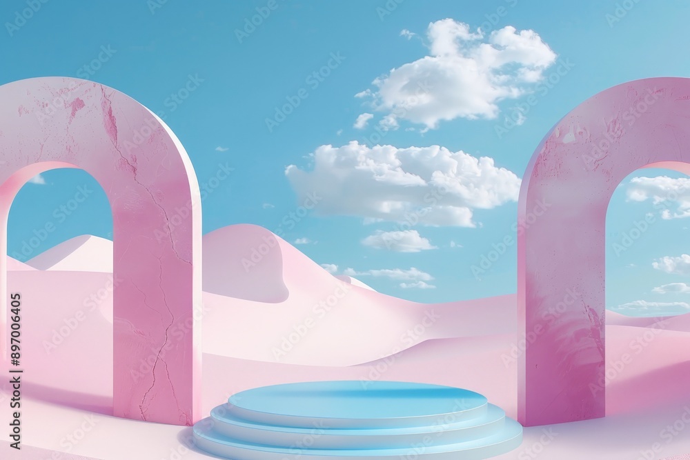 Poster This desert scene showcases two pink arches on either side of circular platform dunes, under a blue sky with occasional clouds, creating a surreal and modern vibe.