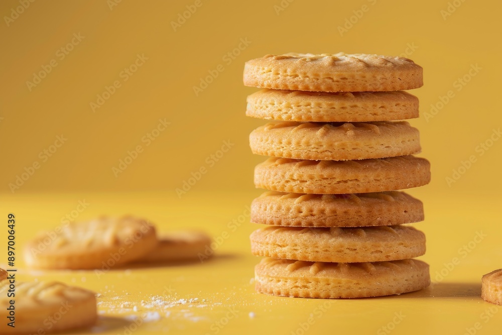 Poster stack of round crispy butter cookies is standing on a yellow background with other cookies scattered