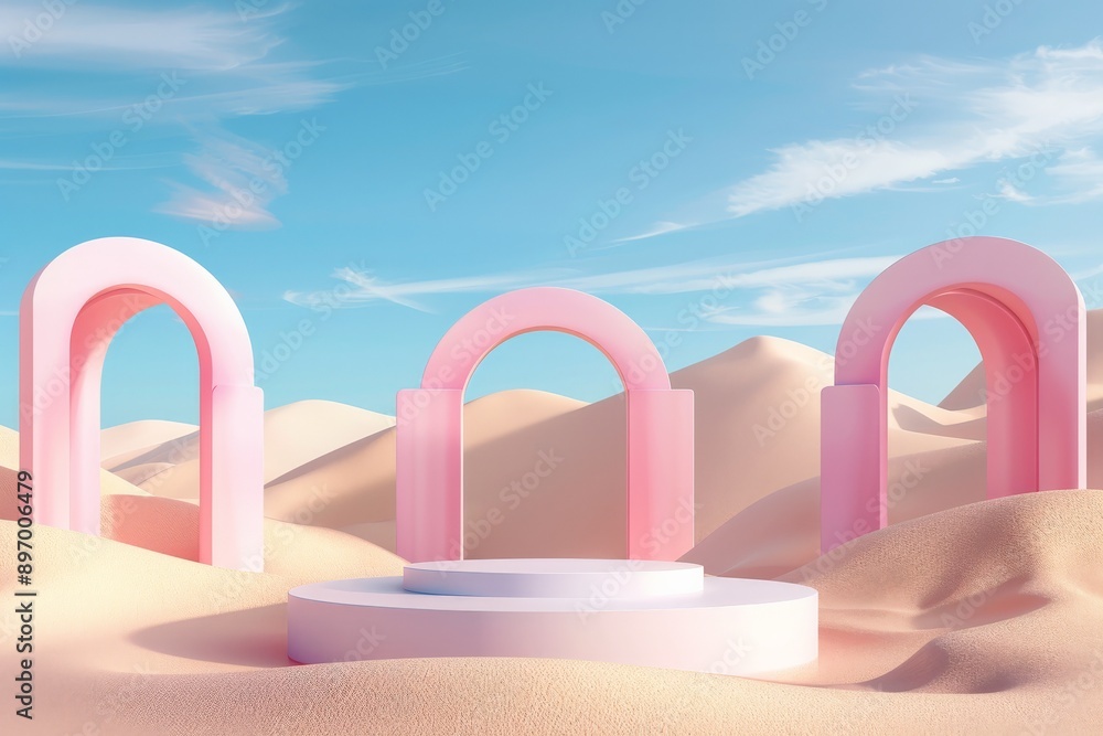 Poster a captivating image featuring three pastel archways arranged in a desert landscape with a striking b