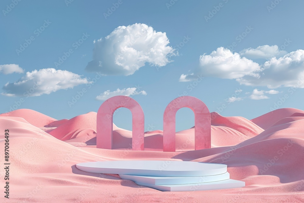 Poster an artistic scene with two pink, stone-like archways set in a whimsical pastel desert, capturing the