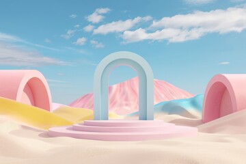 A light blue arch stands in a pastel desert landscape, surrounded by softly colored hills and illuminated by a vivid sky filled with scattered clouds, evoking a serene mood.