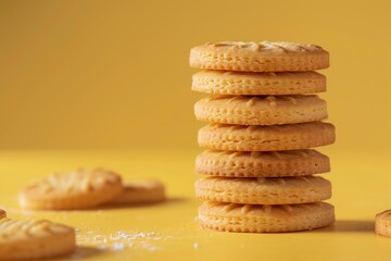Stack of round crispy butter cookies is standing on a yellow background with other cookies scattered around