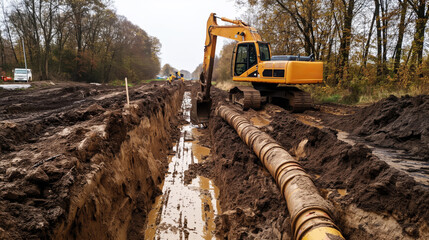 Excavator digging a trench for pipeline installation at a construction site in a forested area with muddy conditions.