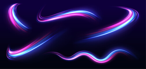 Illustration of light ray, stripe line with blue light, speed motion background. Radial color spirals. Vector blue glowing lines air flow effect.	