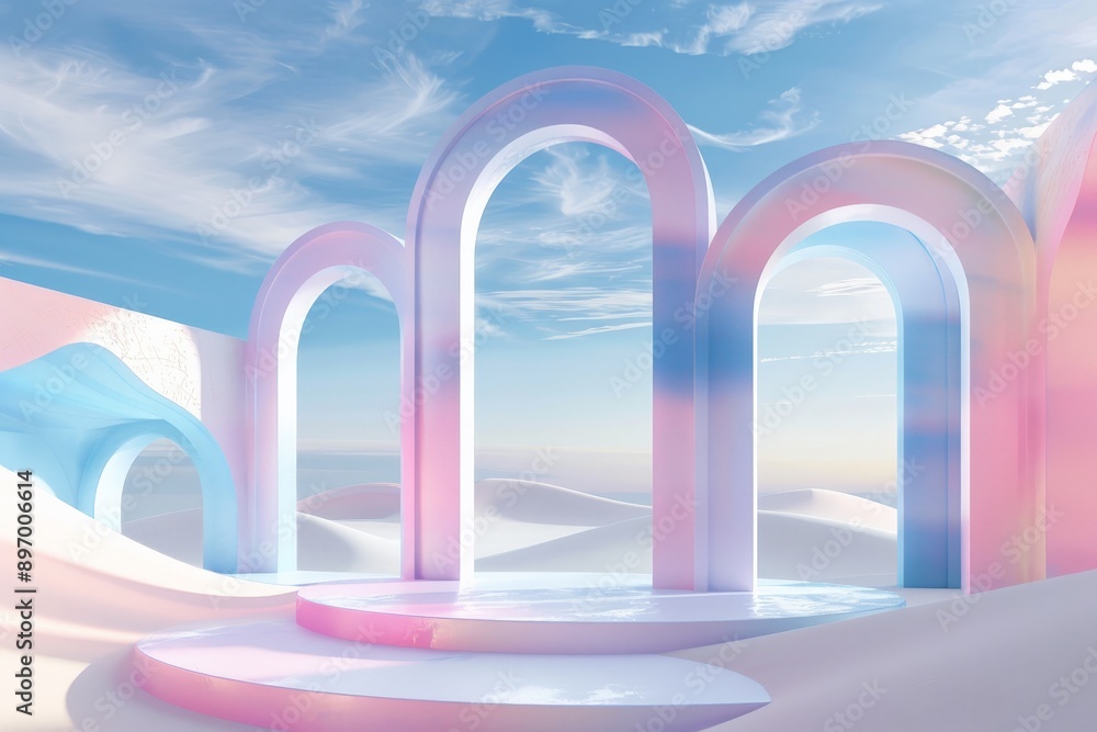 Poster This image features a pastel desert scene with several transparent arches creating an ethereal atmosphere. The entire scene is set under a clear, vibrant blue sky with wispy clouds.