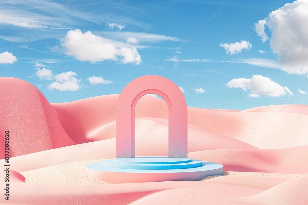 Poster this image depicts a pastel desert with a single pink arch standing on a blue platform. the serene s