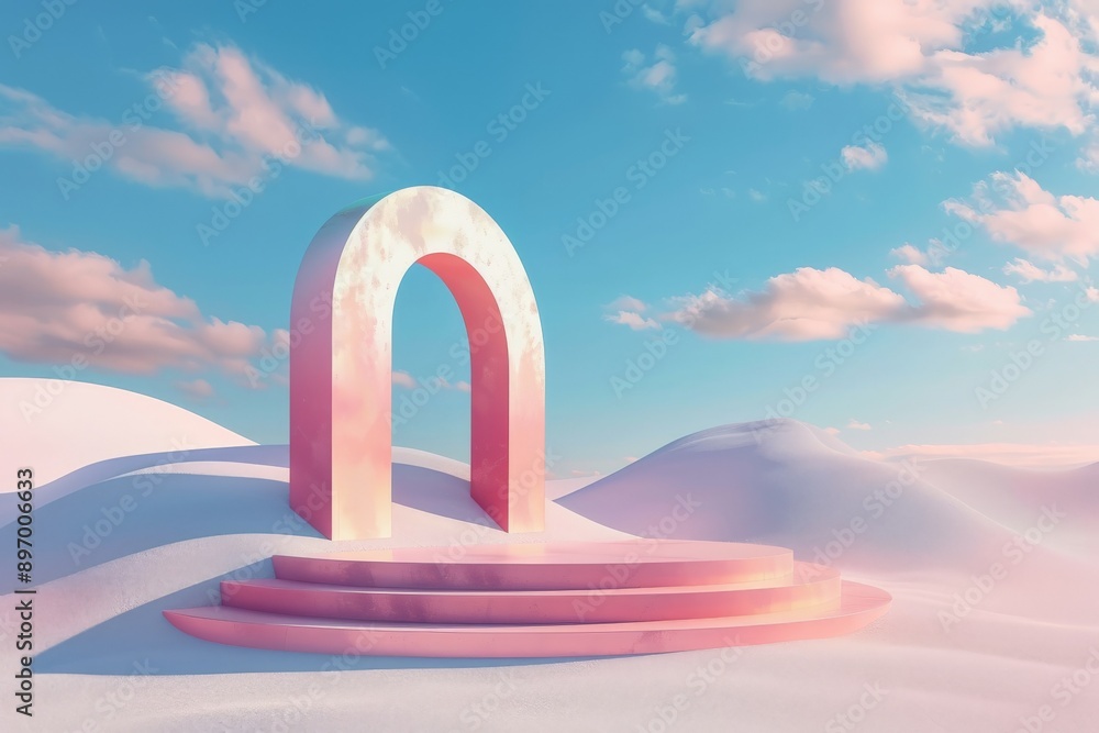 Poster a minimalist pink archway sits atop smooth steps, set against a dreamy sky with soft clouds, offerin