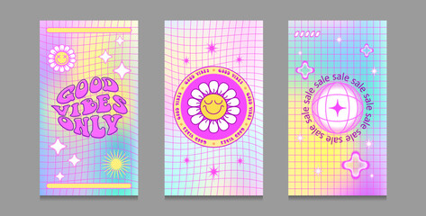Set of aesthetic y2k sale groovy stories banners template with gradient background, text, geometric elements. Vector illustration design for wallpaper stories, posts, posters, banners, cards