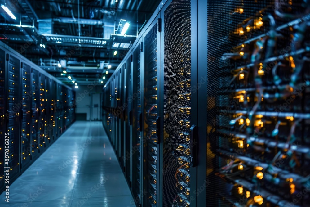 Poster network servers are running in a data center with flickering lights showing internet traffic