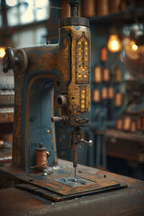 Fototapeta premium Classic retro style manual sewing machine ready for sewing work. The machine is old style made of metal with floral patterns