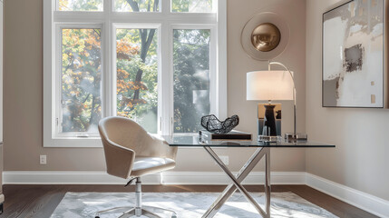 Elegant home office with glass desk and modern chair