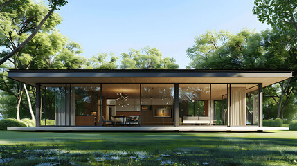 Fototapeta premium Elegant minimalist building with flat roof and glass walls