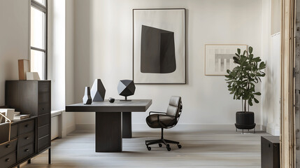 Elegant minimalist office decor with clean desk and geometric sculpture