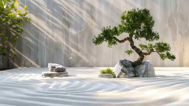 Elegant minimalist garden with zen garden and bonsai tree