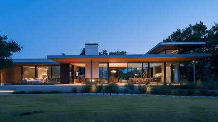 Minimalist single-story home with large open spaces and minimal exterior decoration