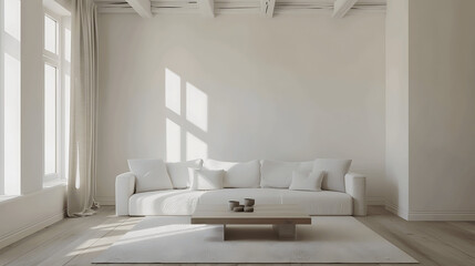 Minimalist living room with white sofa, coffee table, and large window