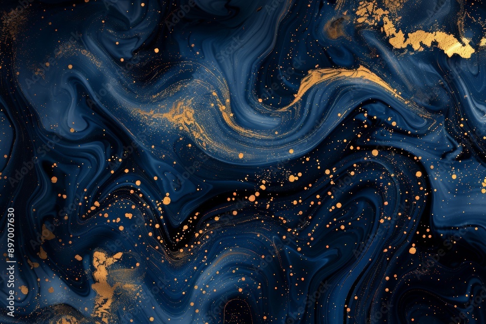 Aufkleber An abstract artwork featuring dark blue swirling patterns with gold speckles and streaks creating a mesmerizing and luxurious visual effect.