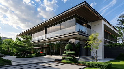Fototapeta premium Elegant office building with modern facade, sleek lines, and minimalistic landscaping