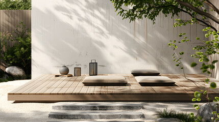 Tranquil outdoor seating area with wooden platform, cushions, and lantern