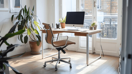 Simple home office with clean wooden desk, ergonomic chair, and minimal accessories