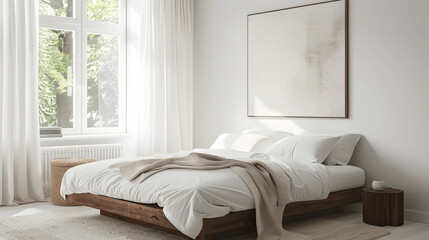 Fototapeta premium Simple bedroom with low-profile bed, white linens, and calming artwork