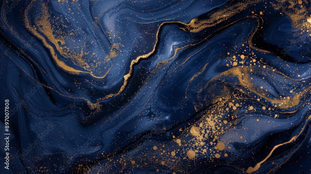 Poster abstract art featuring dark blue and gold paint splatters, creating a visually stimulating and luxur