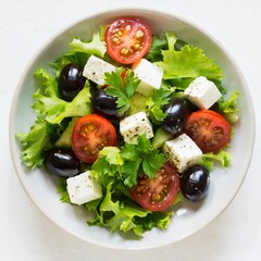Greek salad on white plate isolated on white background.