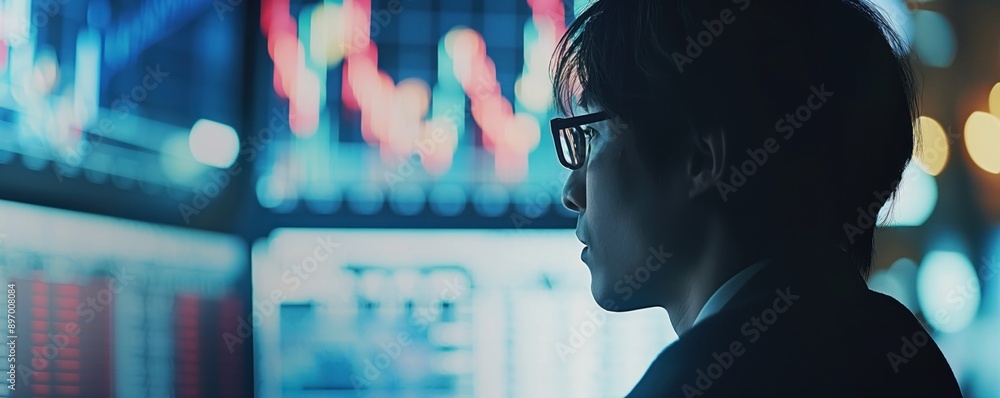 Poster trader analyzing market data. financial analyst at workstation. stock market expert monitoring chart