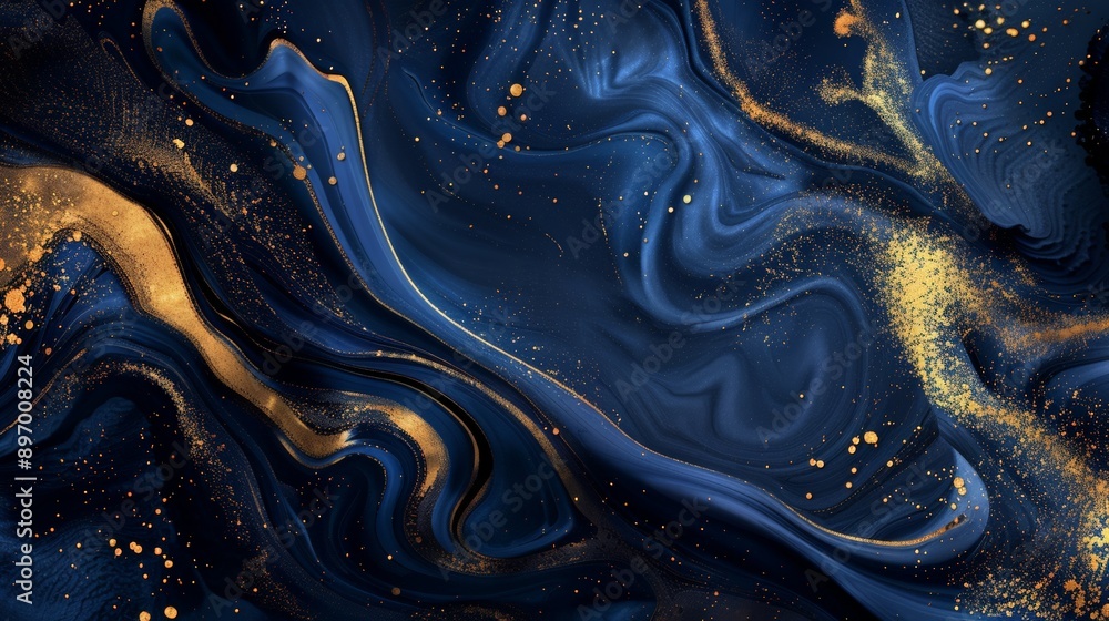 Poster this image showcases abstract navy blue and gold swirls with fine specks, creating an elegant and dy