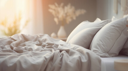 a gray bed with a white sheet and pillows