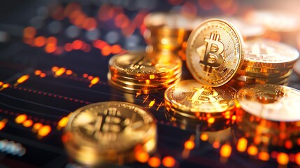 Illustration of gold coins and a trading chart background with a bitcoin symbol on the right side, a business concept for a stock market exchange digital image.