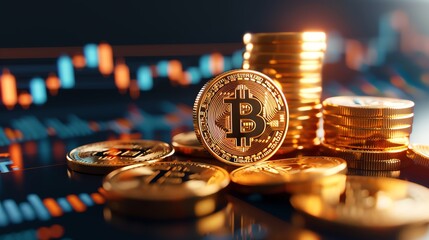 Illustration of gold coins and a trading chart background with a bitcoin symbol on the right side, a business concept for a stock market exchange digital image.
