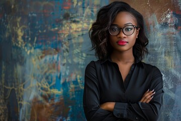Fototapeta premium Confident young businesswoman with arms crossed posing in front of colorful wall background