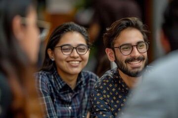 Fototapeta premium A young couple smiles and looks at each other. They are both wearing glasses. The photo is taken in a warm setting with natural light.