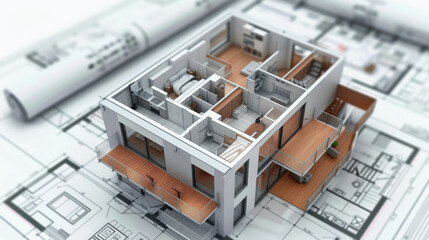World Architecture Day, architect. 3d model of a building, a house. The drawings are on the table. building project