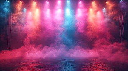 Fototapeta premium Colorful fog and bright stage lights on