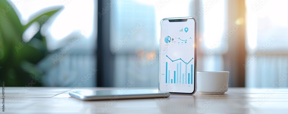 Poster a professional setup with a smartphone displaying social media analytics against a natural backdrop