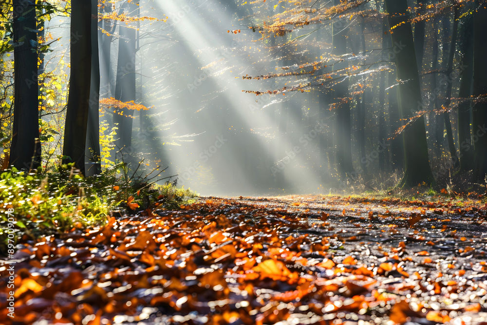 Poster sunlight filtering through trees in an autumn forest, illuminating fallen leaves on the ground