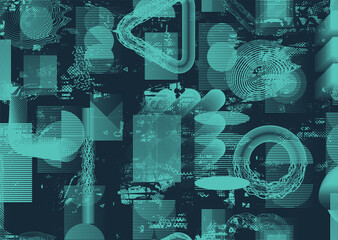 Glitch distorted grungy abstract forms . Cyber punk seamless pattern texture. Halftone dots .Futuristic background . Glitched shapes with dots and lines .Screen print endless pattern texture