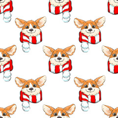 Corgi dog hand drawn seamless pattern. Print with cute dog.