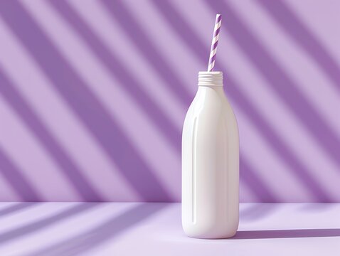 Photo realistic cool drink in white bottle, bright purple backdrop, centered, natural light with shadows, high detail