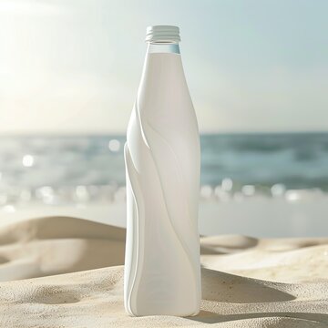White bottle with minimal drink design, summer vibes, photo realistic, soft natural light, high clarity, sea and sand landscape