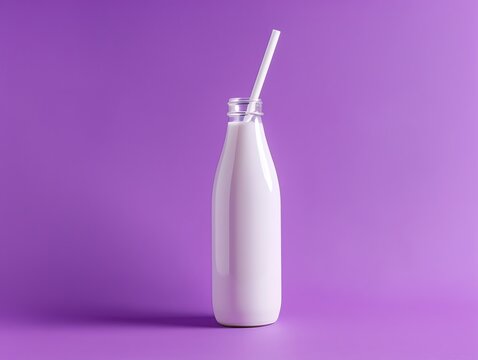 White bottle with straw, minimal style, bright purple background, centered framing, natural light, clean and simple composition